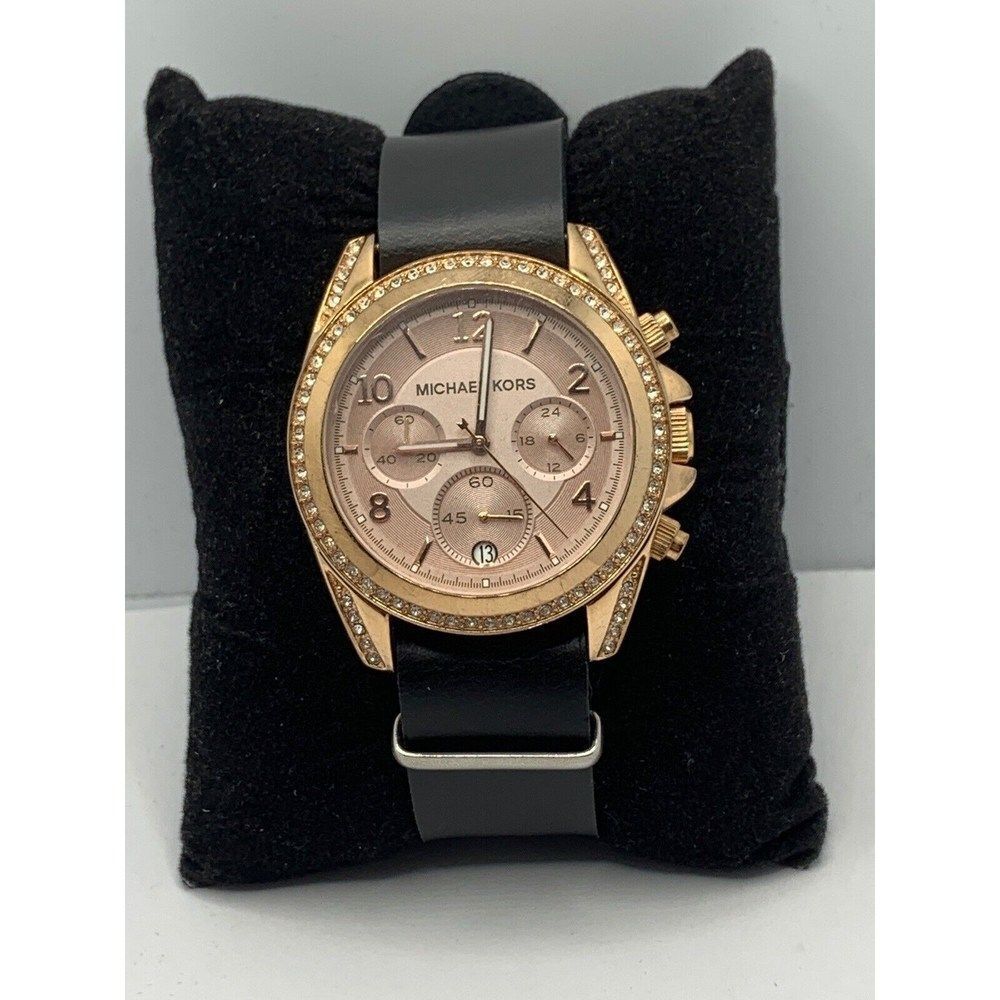 Michael Kors MK5943 Women Black Leather Analog Rose Gold Dial Quartz Watch JD228